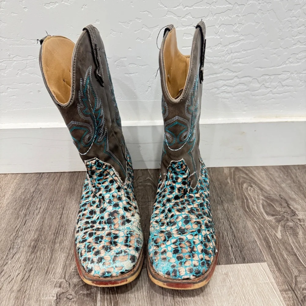 Roper Glitter Leopard Print Boots Kids Girls 3 Brown Blue Western Rodeo